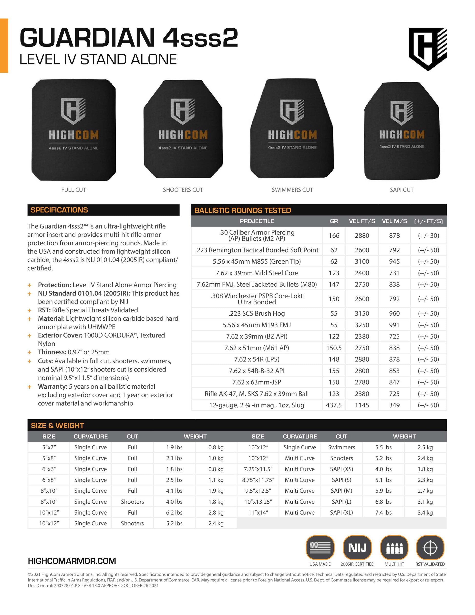 GUARDIAN 4S17 Body Armor - Level IV